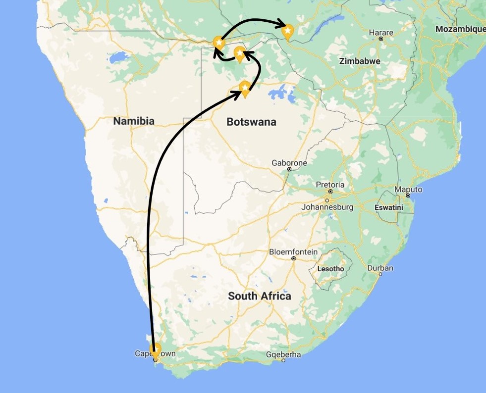 Map of the South Africa trip route.