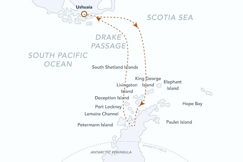 A map of the Antarctica Peninsula Explorer route.