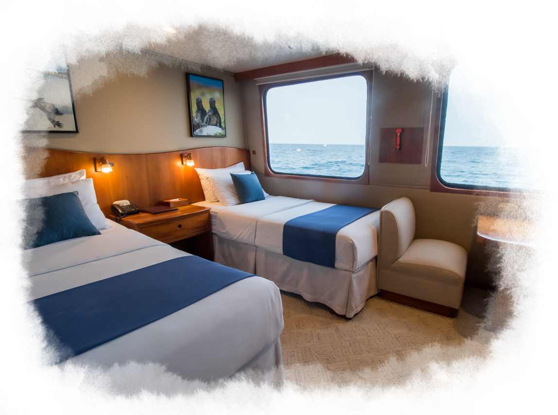 There are two beds fitted with sheets, a bedside table between them, and a little snack table by the window.